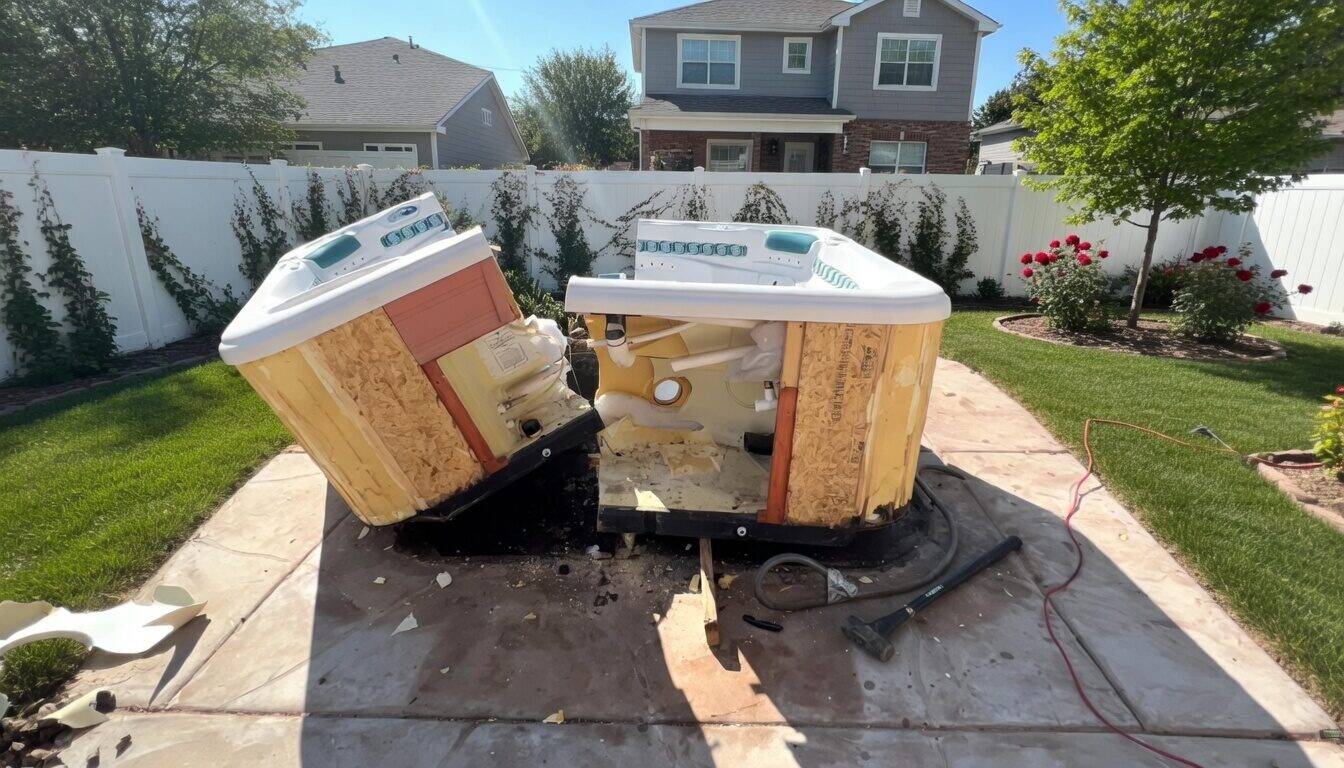 A hot tub cut into pieces during teardown